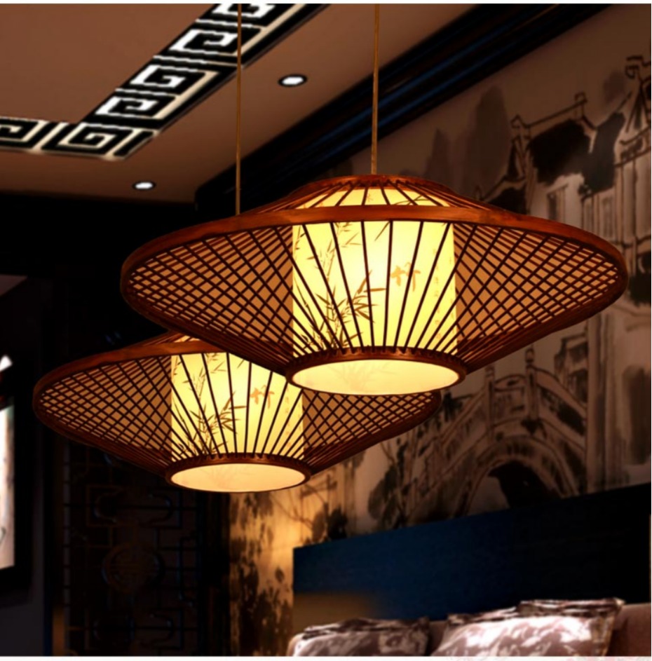 中式仿古羊皮餐厅茶楼吊灯 东南亚竹编饭店灯具客厅日式吊灯复古