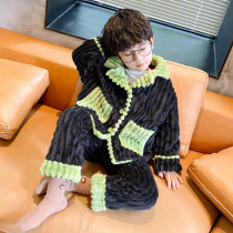 Boys pajamas winter flannel cardigan suit fashion boys thickened coral velvet middle-aged children home clothes