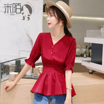 Red short sleeve chiffon shirt womens spring and autumn 2021 New Tide small Shirt Waist foreign style jacket fashion foreign style