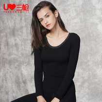 Three guns to keep warm autumn clothes womens autumn and winter body composite warm thickened plus velvet lace collar single piece base thermal underwear