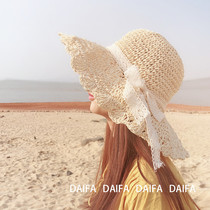 Straw hat female beach big cornice hat playful lady style lace bow wave edge summer seaside holiday sun hat