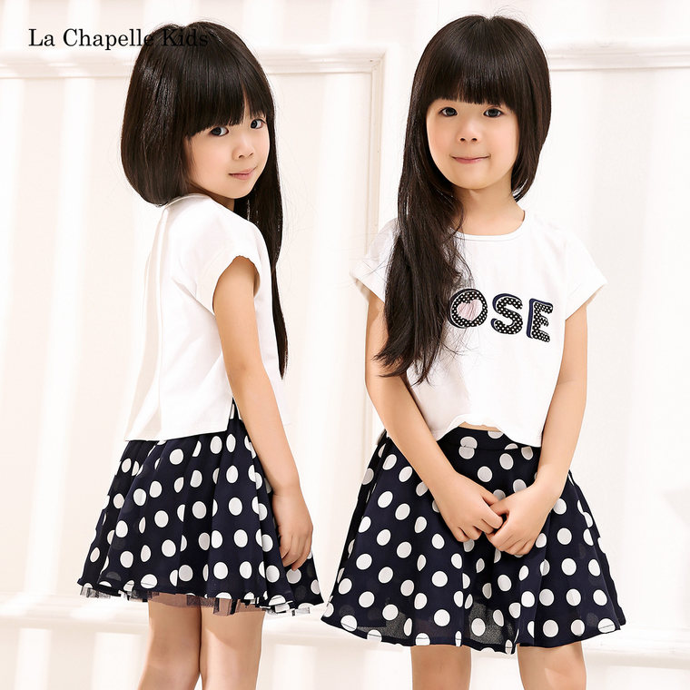 拉夏贝尔 2015夏新款 字母白色T恤波点短裙两件套套装 10200293