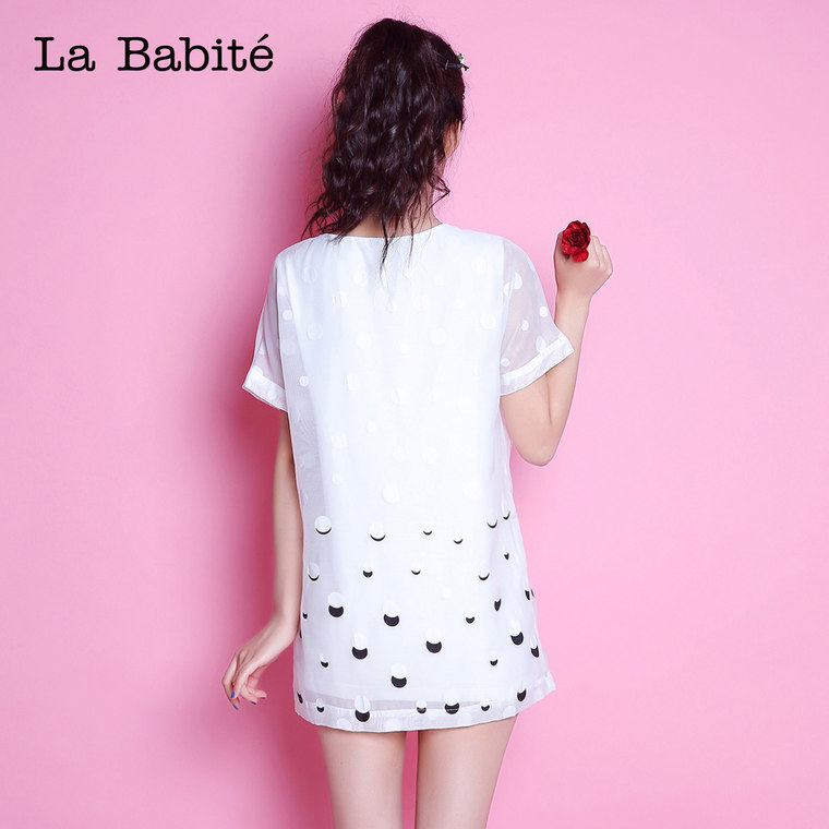 拉夏贝尔 拉贝缇2015夏新品半透明波点印花短袖连衣裙 60003068