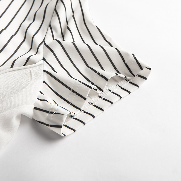 莫丽菲尔 2015夏新品 时尚条纹印花雪纺拼接短袖T恤 女70004297