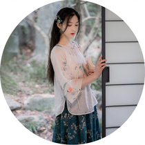 ) Huanxisha) Chinese retro Ramie inverted big sleeve loose Daily round neck cheongsam small shirt top skirt Joker