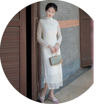 ) Cha Xueli) retro literary autumn and winter new long-sleeved lace waist slim body cheongsam dress