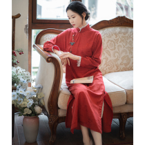 Xiao Gongzi) red makeup) spring new Chinese retro Republic of China style plate buckle cotton and linen jacquard cheongsam dress LY343