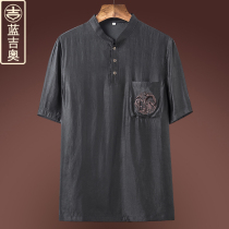 Middle-aged and elderly Tang suit men short sleeve silk silk xiang yun sha suit mens clothing costume Chinese ethnic summer