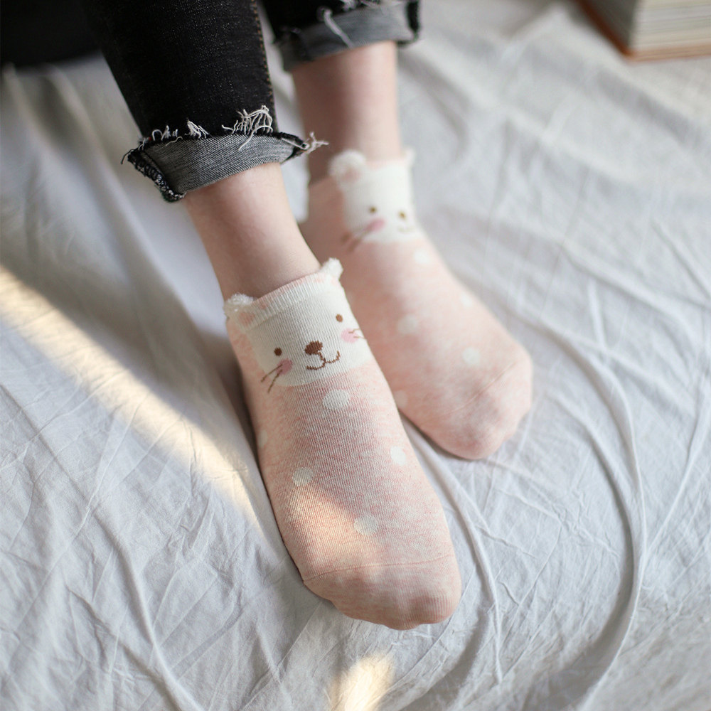 女士春夏超薄纯棉卡通兔子船袜立体耳朵短可爱日系波点女生萌萌哒
