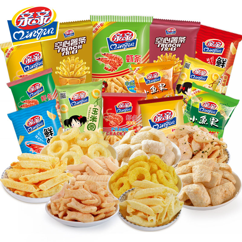 亲亲膨化零食大礼包分享装 虾条虾片薯条薯片小鱼果小吃658g