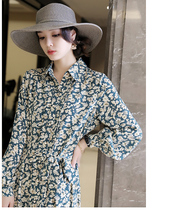 Equal autumn color French feelings retro flower handle print temperament small lapel shirt dress women