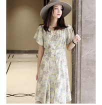 There is a kind of artistic beauty Morandi print color scheme orange flower slim flying sleeve waist dress