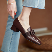 French vintage single shoes 2021 Spring Summer new bow thick heel high heel leather middle heel square head loafers