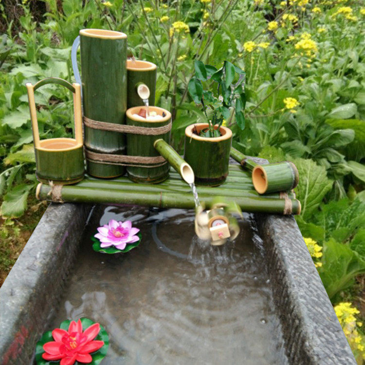 竹筒流水器 竹流水风水摆件 竹子水景过滤器花园装饰鱼缸石槽摆件