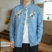 Fairy Crane Embroidery Long Sleeve Denim Shirt Male Spring China Wind Tang Dress Chinese Vintage Retro Shirt Loose Collar Jacket Tide