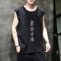 China Wind Sprints Sleeveless Short Sleeve T-Shirt Vest Mens Summer Loose Big Code Cotton Linen Shoulder Blouses Chinese Mens Clothing