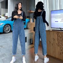 Pregnant women autumn suit fashion Early autumn wear strap pants 2021 spring and autumn pregnant women jeans two-piece tide