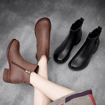 Retro second cotton mother shoes cotton shoes plus velvet warm leather short boots middle heel beef tendon middle-aged leather shoes Martin boots autumn