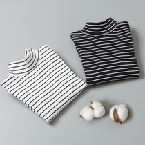Children's striped top shirts and half-high collar autumn and winter girls top up winter collar pure cotton boys autumn clothes and velvet children