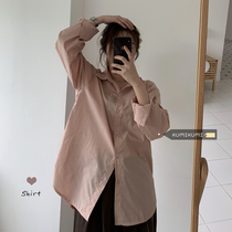 Summer retro lazy wind loose lapel long sleeve shirt top female BF wind cinnamon powder basic sunscreen shirt tide
