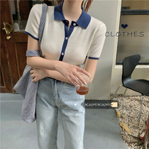 Thin Knitted T-shirt Women Summer 2021 New Korean Polo Collar Contrast Color Slim Slim Short Sleeve Top