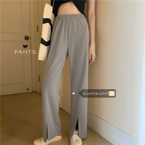 Slit high waist straight pants womens pants summer loose gray casual pants trousers thin wide leg pants tide