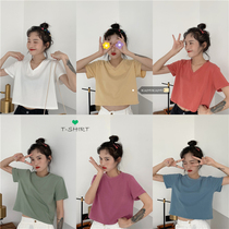 Korean summer fashion simple loose chicken heart V collar short sleeve T-shirt top ins candy color short