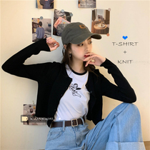 Spring Korean slim short black bm cardigan top female chic slim long sleeve knit coat