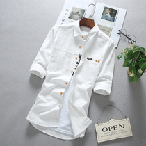 Summer short-sleeved shirt mens Korean version of the trend thin casual stand-up collar summer clothes loose and handsome seven-point sleeve shirt men