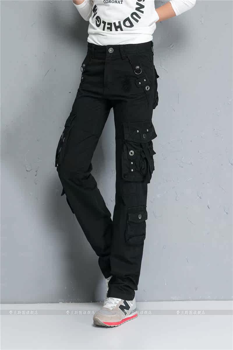 军装裤女春多口袋大码工装裤女黑色运动长裤宽松直筒裤女休闲长裤