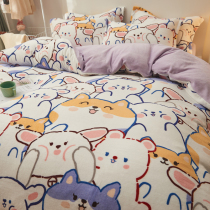 Thickened cartoon coral velvet bed four-piece set Winter double-sided plus velvet milk flannel quilt cover falena sheets