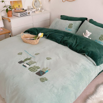 Thickened milk velvet four-piece Winter coral velvet double-sided Crystal flannel quilt cover sheets bed three-piece women