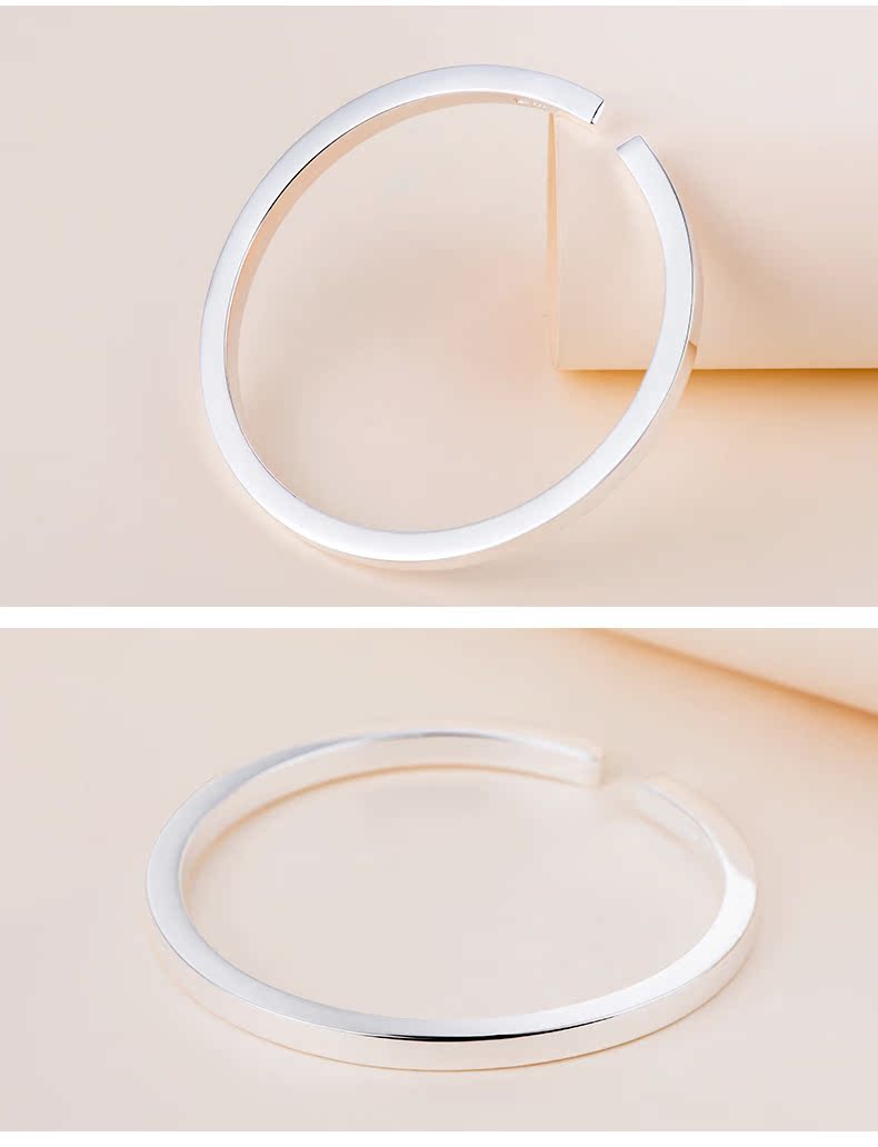 百年宝诚 999足银手镯女日韩简约开口银镯子光面银手镯送女友礼物