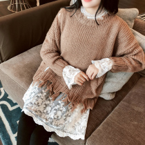 Autumn and winter new Korean version hollow high collar stand collar inside lace skirt Long-sleeved yarn mesh lace shirt base shirt