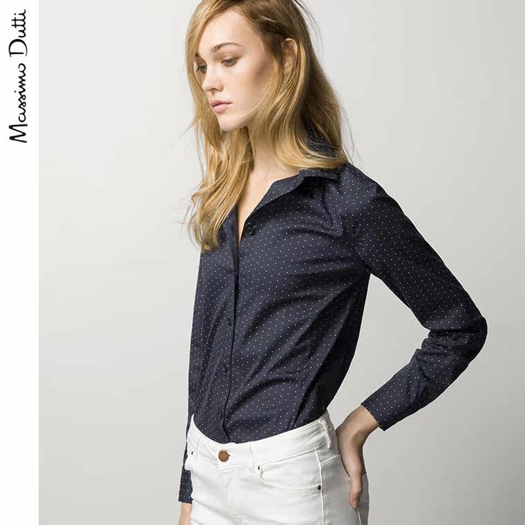 Massimo Dutti 女装 修身弹性白点藏色衬衫 05154880401