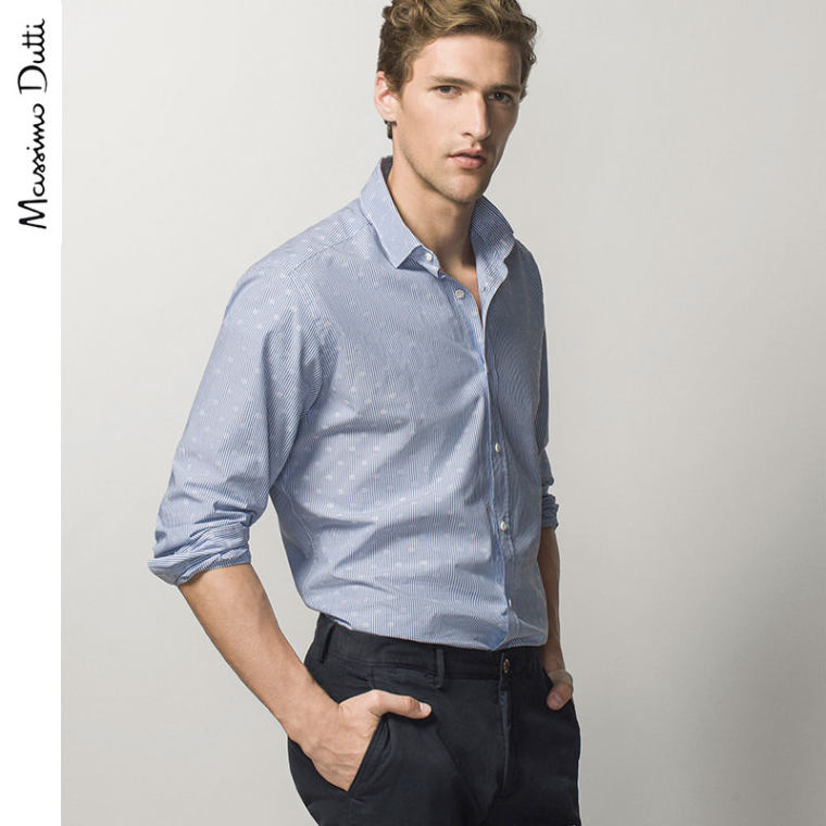 Massimo Dutti 男装 全棉白色圆点提花衬衫 00143350400