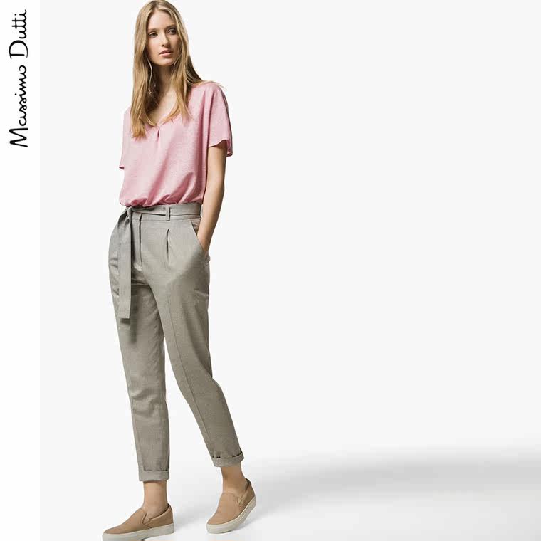 Massimo Dutti 女装 打褶领口亚麻 T 恤 06832651906