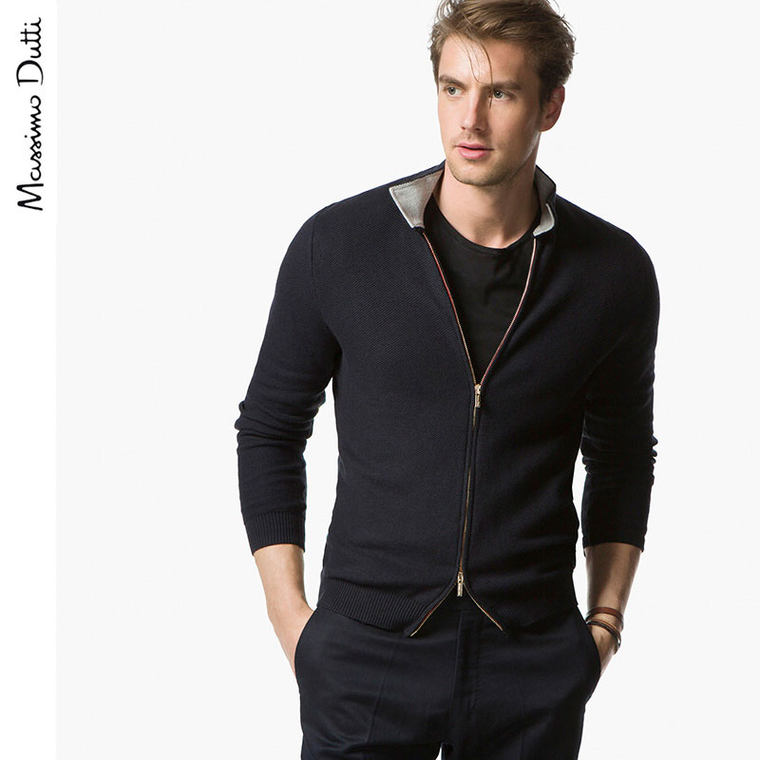 Massimo Dutti 男装 丝绵混纺拉链撞色开衫 00932043401