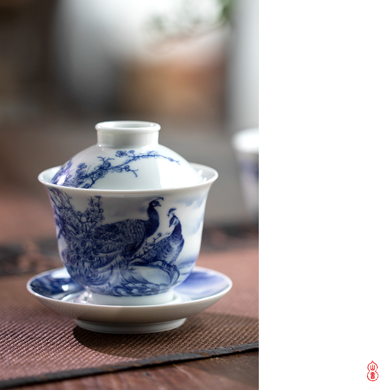 Art home benevolence jingdezhen blue and white peacock tureen checking ceramic high - end tureen tea bowl bowl
