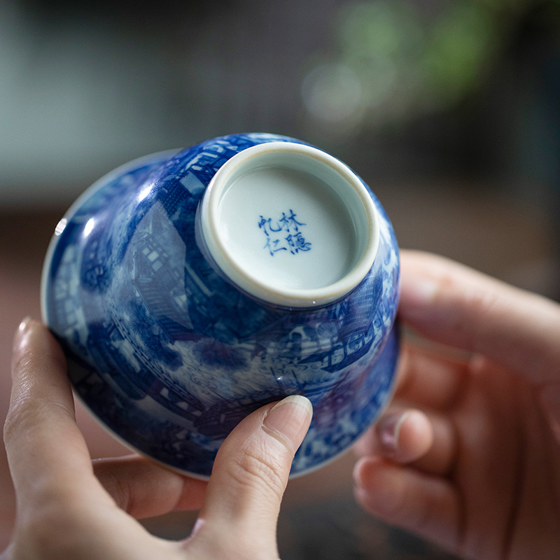 Lin Yin jingdezhen blue and white hand draw qingming painting only three tureen checking ceramic high - end tureen tea bowl