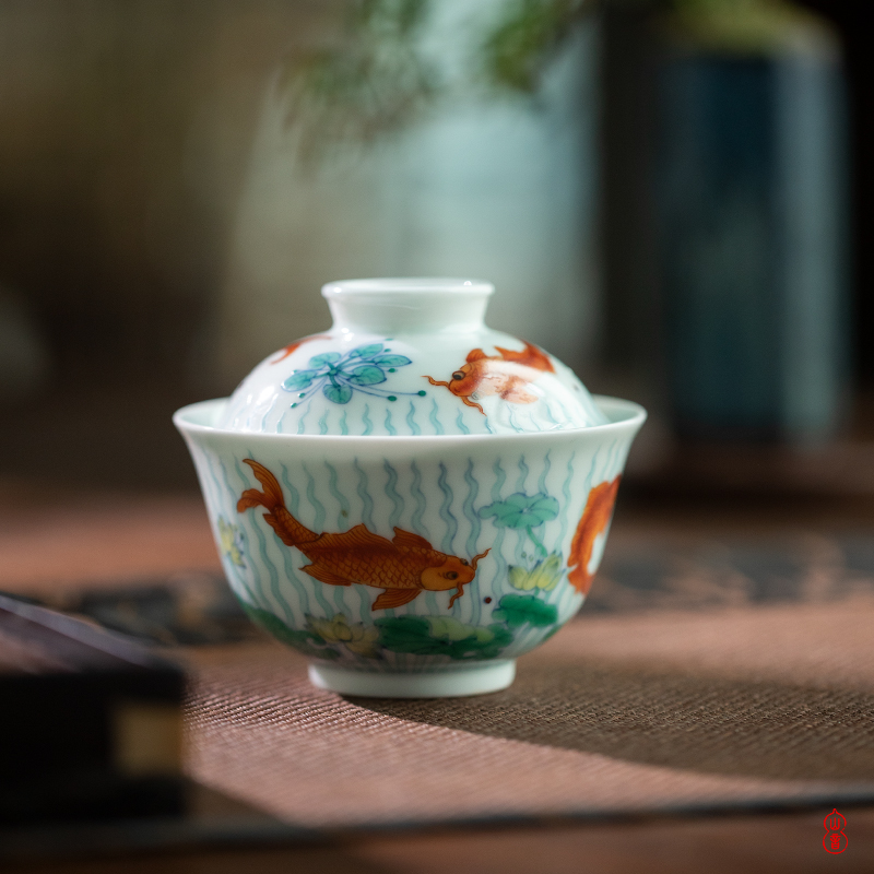 Qin Qiuyan bucket color grass fish grain tureen 160 ml of jingdezhen ceramics by hand high - end tureen