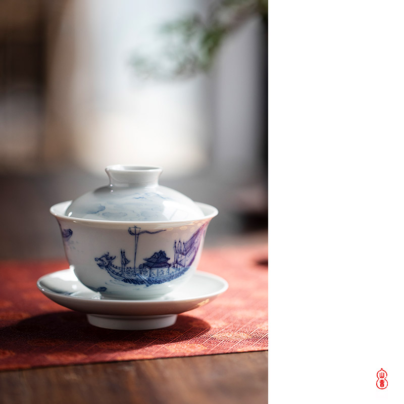 After the rain dragon boat tureen jingdezhen checking ceramic three blue and white bowl tureen hand - made kung fu tea set