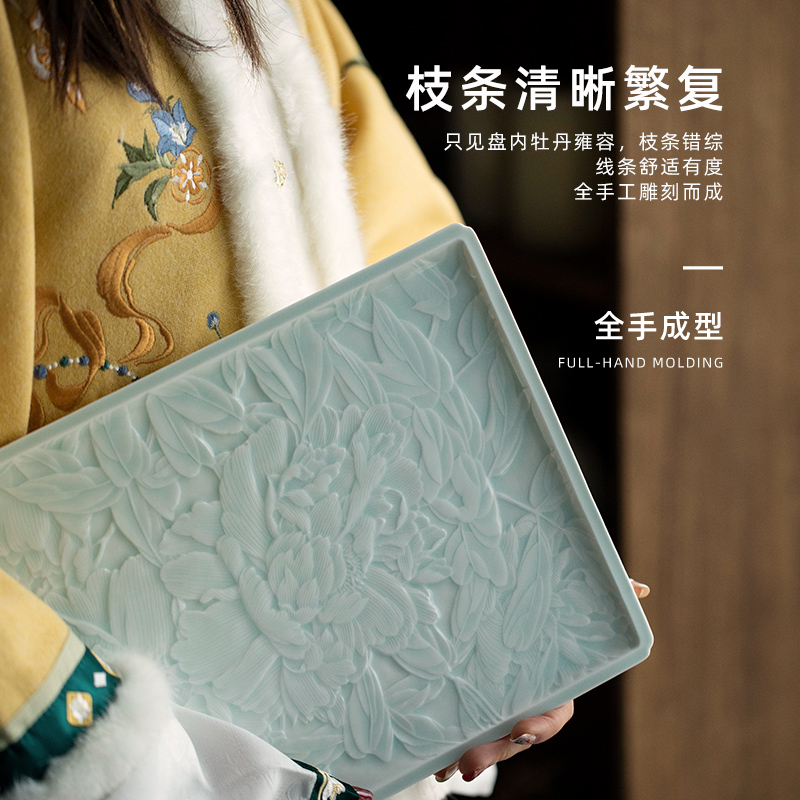 Jingdezhen ceramic film blue glaze hand - carved peony tea tray household cup tea accessories a single ground by hand