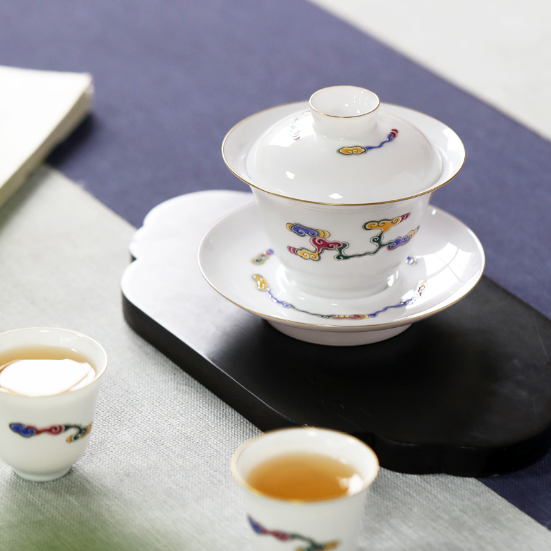 Colored enamel handpainted xiangyun tureen tea sweet pure manual craft thin body porcelain bowl with jingdezhen ceramic tea set