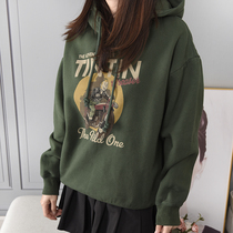 Paper bag home Korean version plus velvet green sweater hoodie loose autumn and winter warm long sleeve thin ins tide thick warm