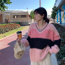 2021 - autumn and winter new V - collar alpaca - hair wire design relaxed gentle lazy wind sweater