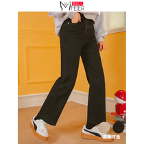 Mi Fei Er black jeans womens 2019 autumn and winter new nine-point pants plus velvet high waist thin pants straight loose