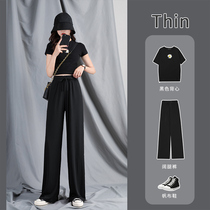 Black Western Pants Children 2022 Summer slim fit straight cylinder loose with high waist Drag ground wide leg ice silk casual pants