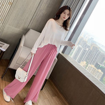 Ice-silk-knit cardiovert T-shirt woman 2022 Summer thin sunscreen shirt broadlegged pants two sets of professional casual suit