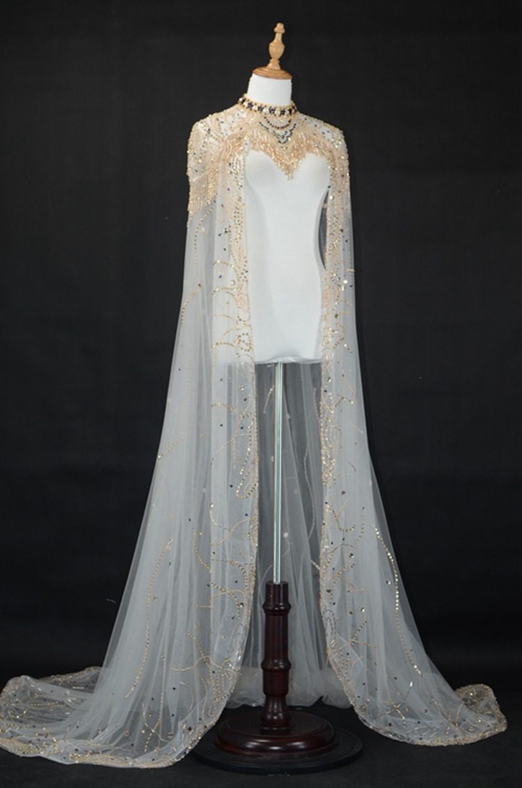 独家定制高端礼服披风晚会走秀摄影长裙纯手工钉珠流苏礼服女王风